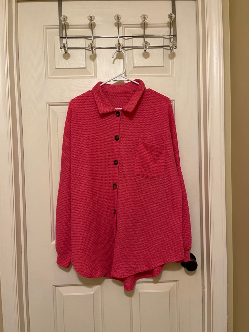 Source Unknown Pink Button-Down Textured Knit Shirt